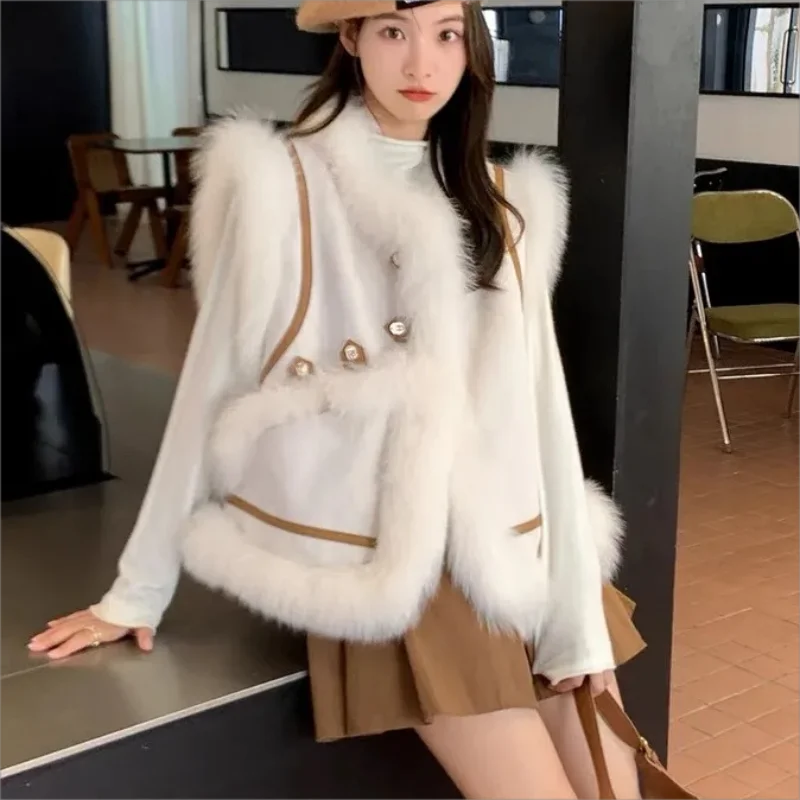 

Autumn Winter Women's Fur Vest New Faux Fox Fur Patchwork Short Vests Korea Style Waistcoats Sleeveless Coats Femme