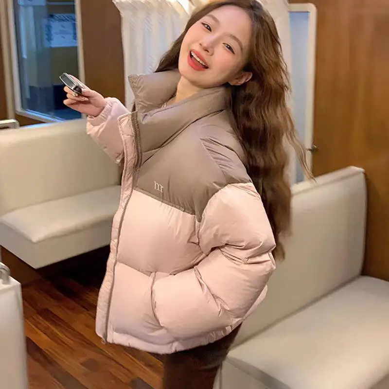 

Корейский стиль, хлопковая куртка с воротником-стойкой, женская короткая хлопковая стеганая куртка, хлопковая куртка с цветными блоками, зимнее пальто