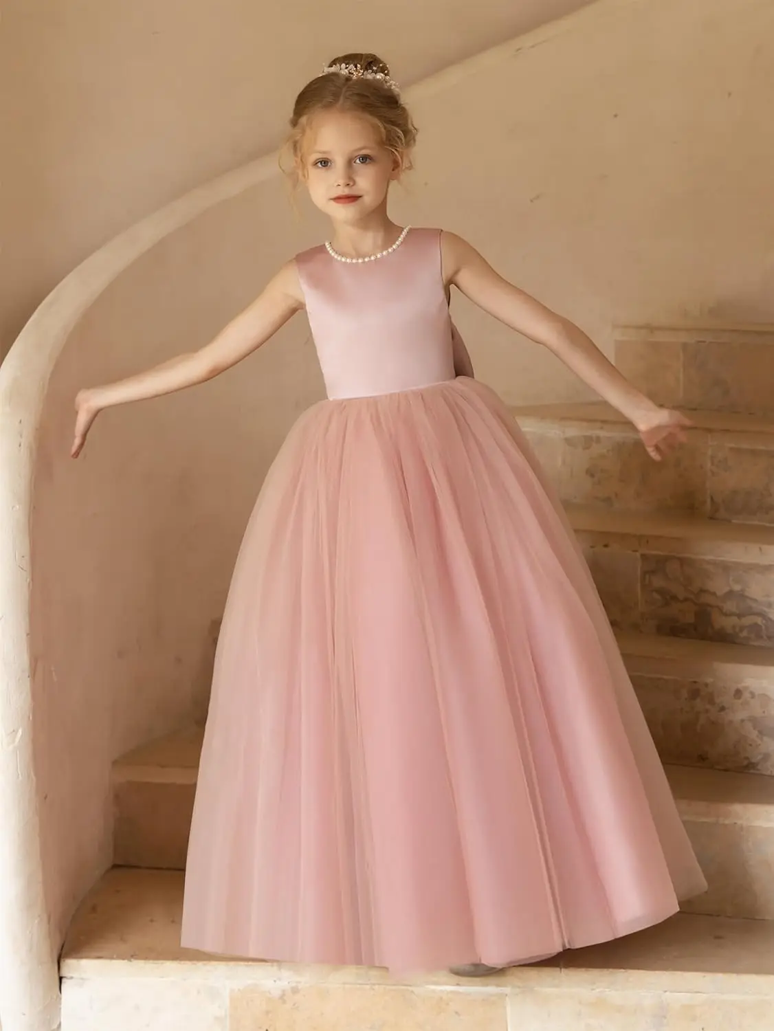Elegant Round Neck Flower Girl Dress Sleeveless,Pearl Dress Suitable for Wedding Girls,Formal First Communion Dress with Bow Tie