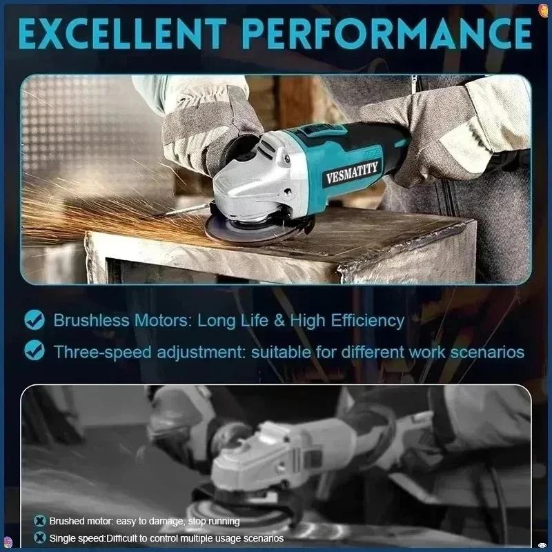 Polishing Machine Power Tool for 18V-20V Battery Elite VESMATITY 18V 6.0Ah Brushless Angle Grinder 125mm Cutting Grinding