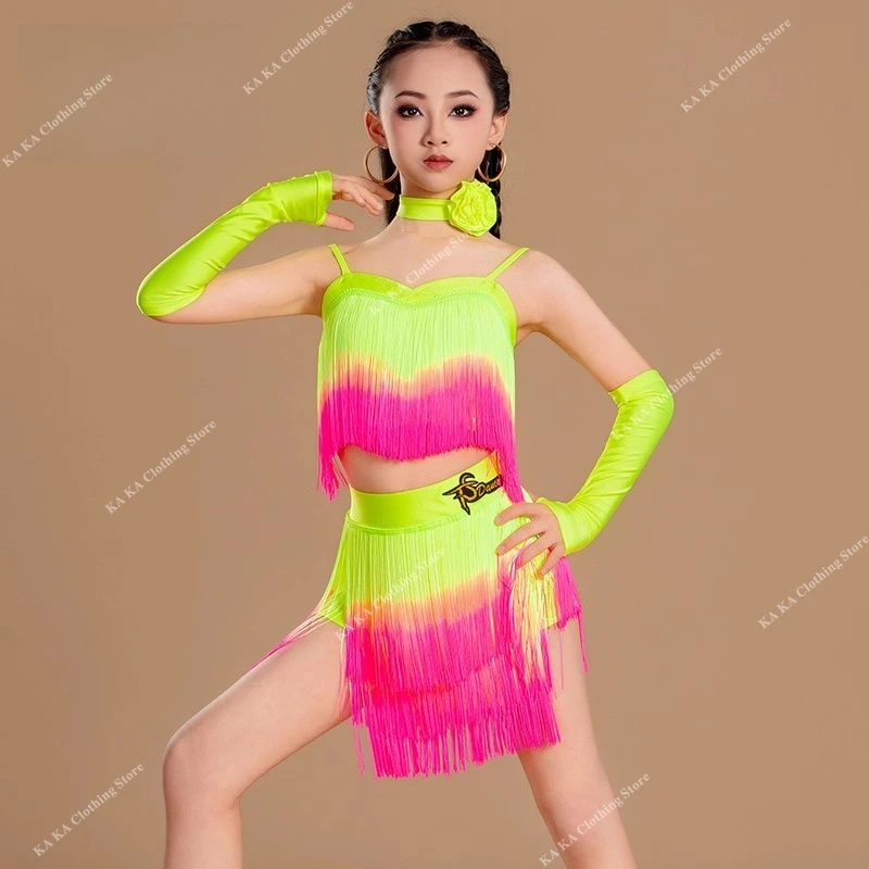 Profissional vestido de dança latina meninas franja tango salsa samba traje de dança de salão crianças desempenho roupas palco traje