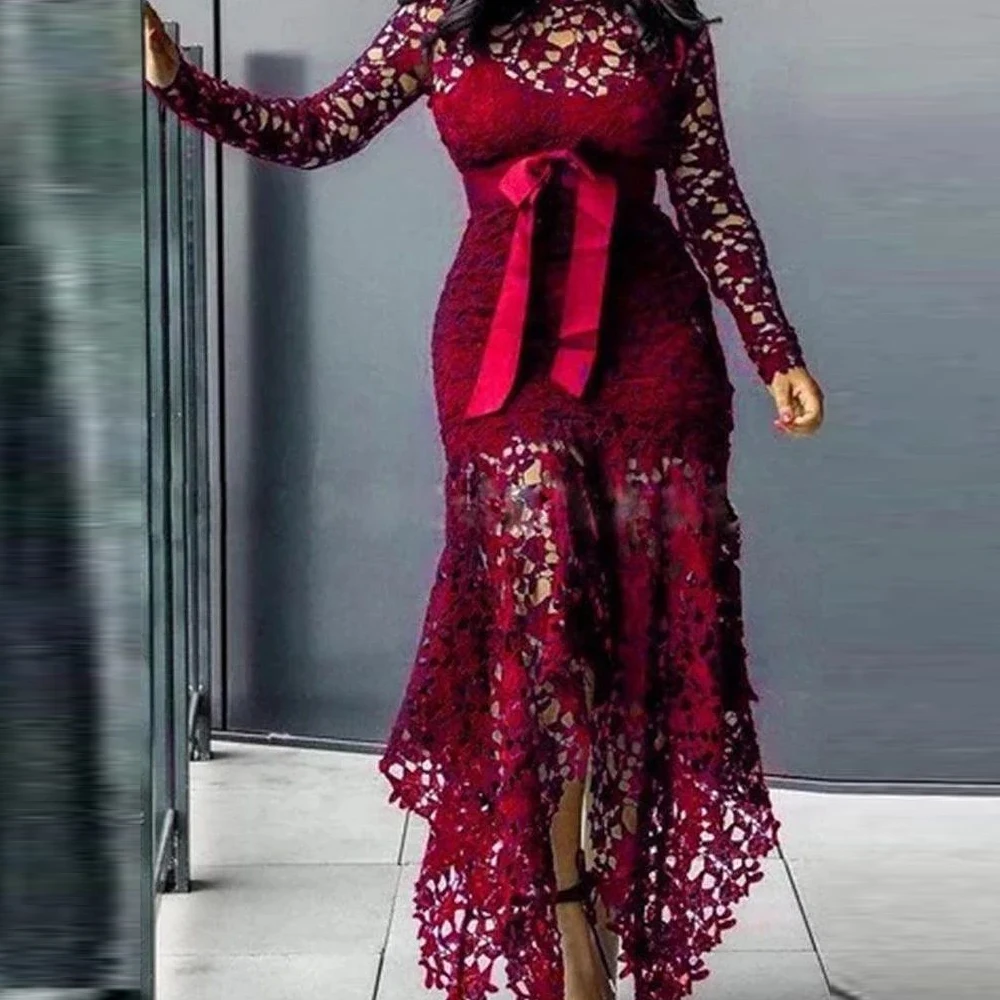 Women Elegant French Lace Dress Stand Up Collar Puff Sleeve Slim Sexy Hollow Out Irregular Hem Party Club Evening Midi Dresses
