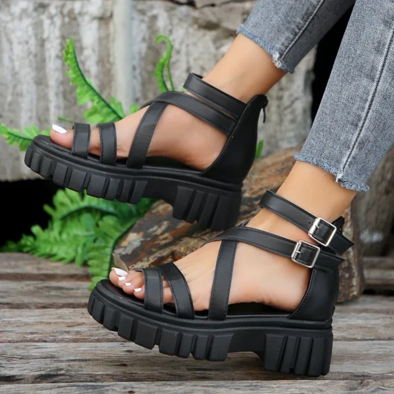 Fashion Chunky High Heels Roman Sandals for Women 2024 Summer Ankle Strap Plarform Sandals Woman Strap Thick Heeled Party Shoes