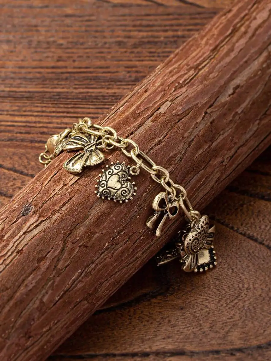 

Retro Vintage Bow Heart Locket Multi Charm Bracelet For Women