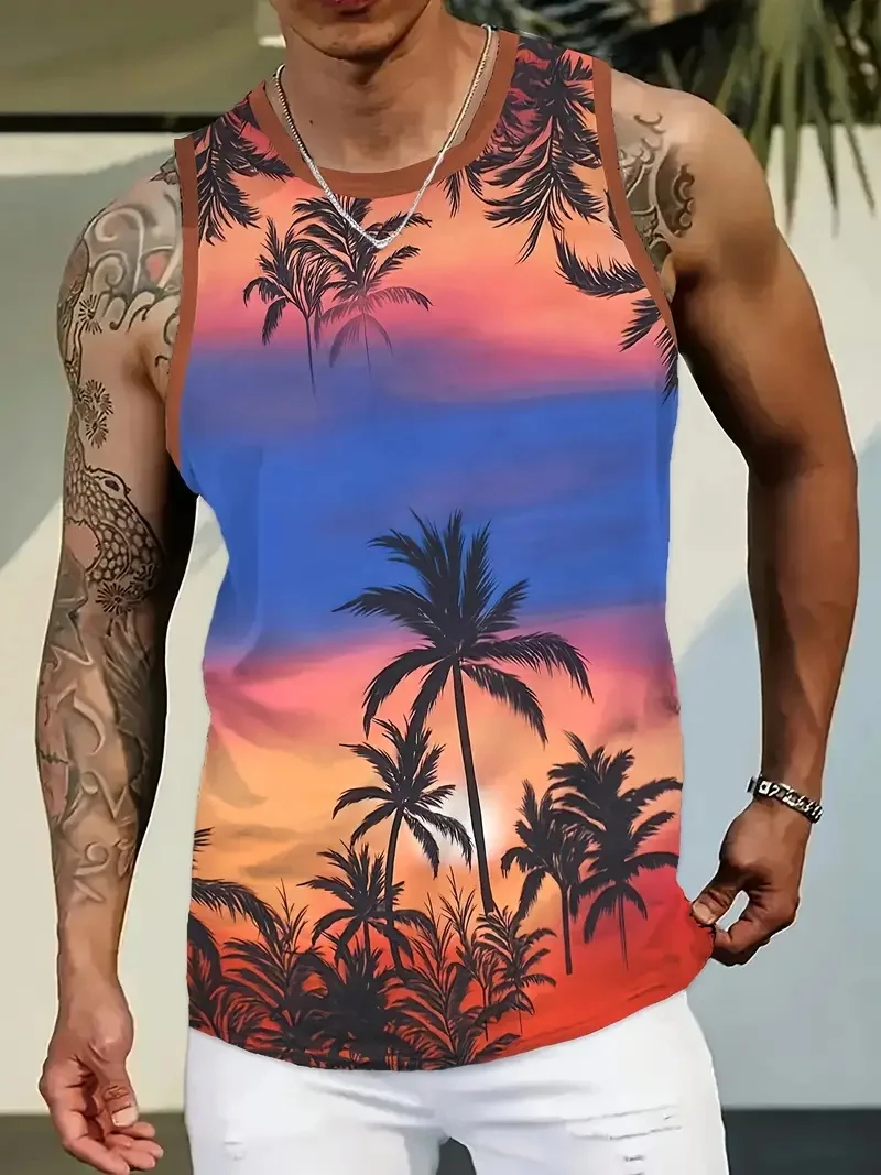 Men's Summer Tropical Sunset Print Tank Top Casual Sleeveless Hawaii Beach Tshirt For Men New In Full Print T Shirts Streetwear