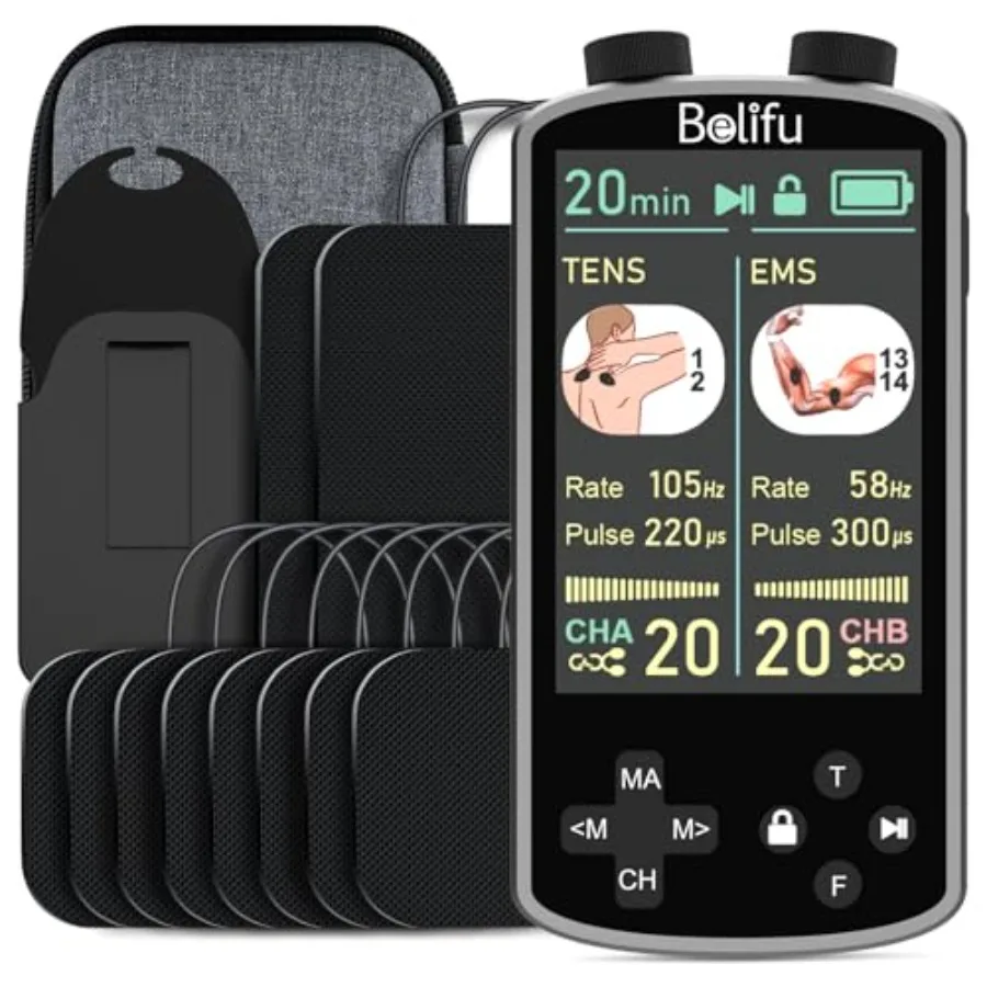 

TENS EMS Unit Muscle Stimulator for Pain Relief Therapy - 4 in 1 TENS and EMS and Relax and Custom Frequency+Pulse - Muscle Mas