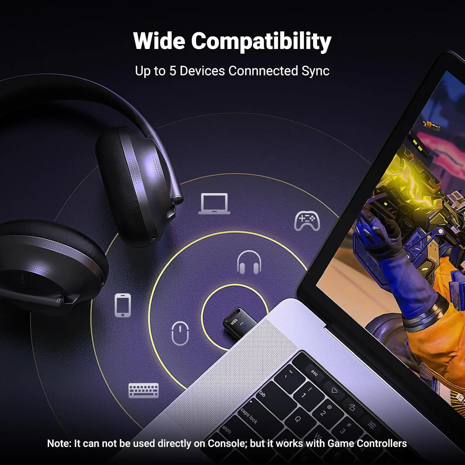 UGREEN USB محول بلوتوث 5.4 للكمبيوتر الشخصي، التوصيل والتشغيل لنظام التشغيل Windows 11/10/8.1، جهاز استقبال بلوتوث وجهاز إرسال للوحة المفاتيح