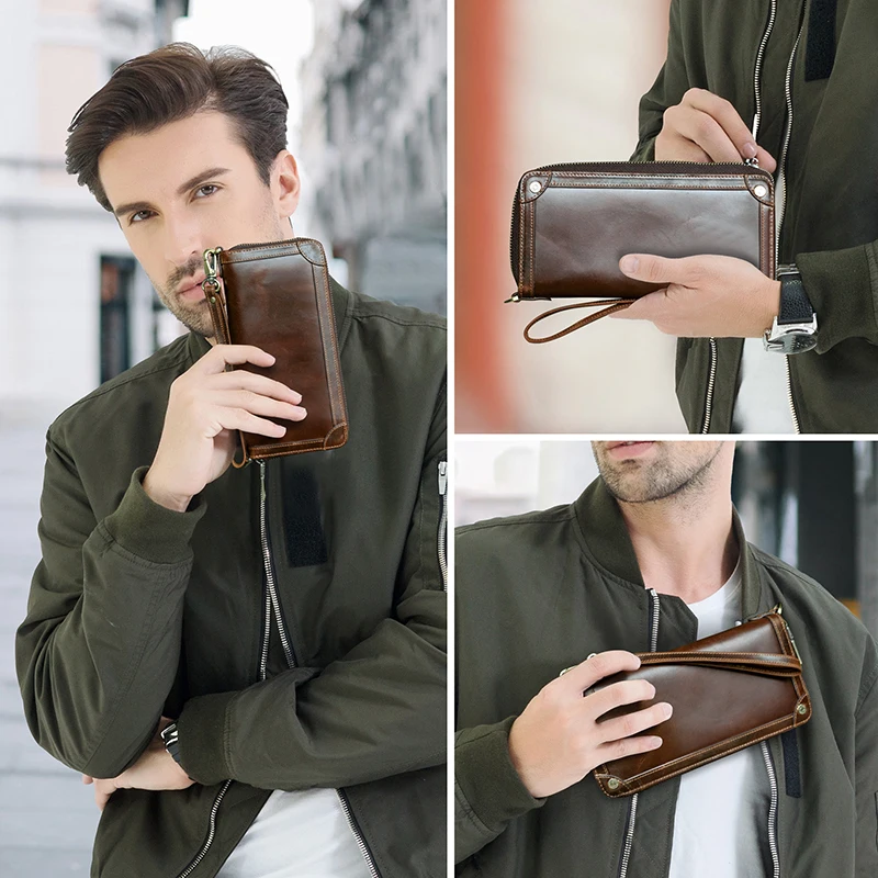 CONTACT\'S Genuine Leather Men Long Wallet Large Capacity Male Clutch Zipper Coin Cellphone Pocket Card Holder Casual Purse