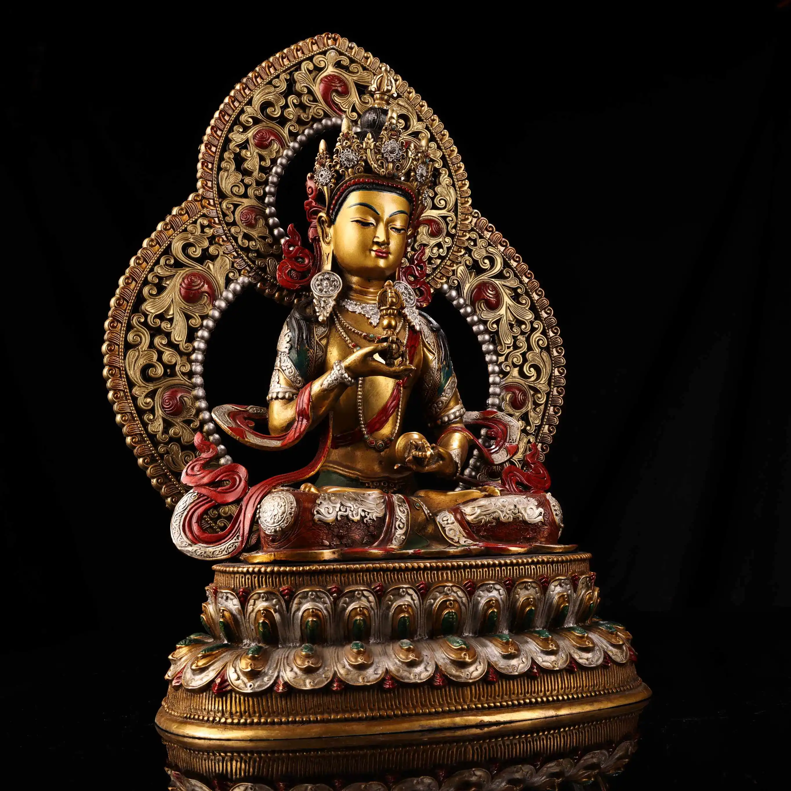 Old Copper Painted Gold Highlight Vajrasattva Buddha Figurine Serene Face Heavy Patina Fine Craft