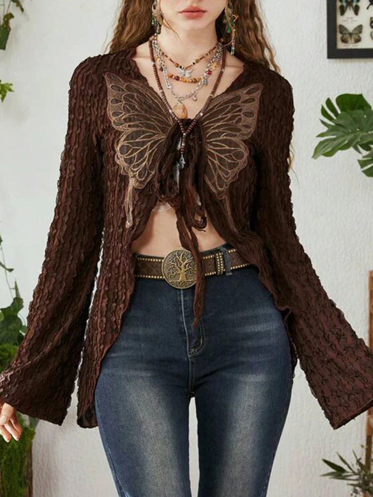 Rockmore Lace Butterfly Patchwork Cardigan Top for Women Y2K Aesthetics Brown Bandage Long Sleeve T Shirts Grunge Fairycore