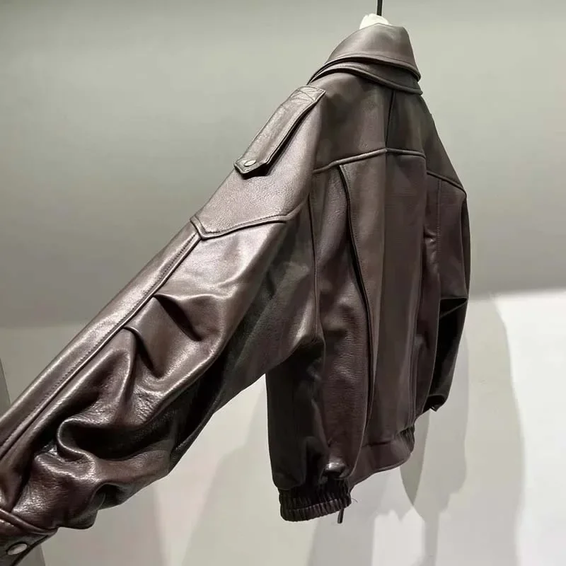 سترة نسائية فضفاضة من الجلد الطبيعي موديل 2025 بأكمام طويلة معطف كاجوال فاخر لربيع الخريف للسيدات