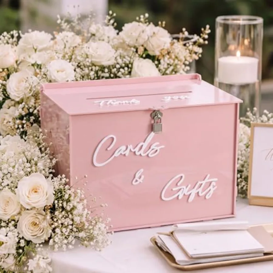 

Light Pink Acrylic Wedding Card Box with Slot and Lock, Money Gift Box with DIY Letters Cards Gifts/Thank You Letters, Baby Sho