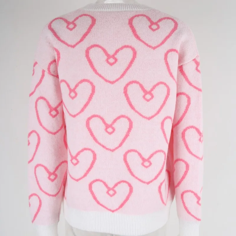 Pull à manches longues et col rond pour femme, pull décontracté à motif de cœur, ample, quotidien, rue, automne hiver, 2025