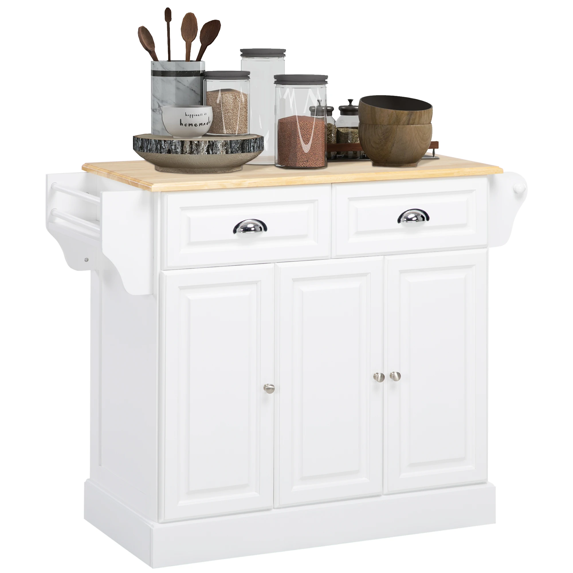 HOMCOM Carro de Cocina con Ruedas Isla de Cocina con 2 Cajones Especiero y Barra para Colgar 110x45x91 cm Blanco