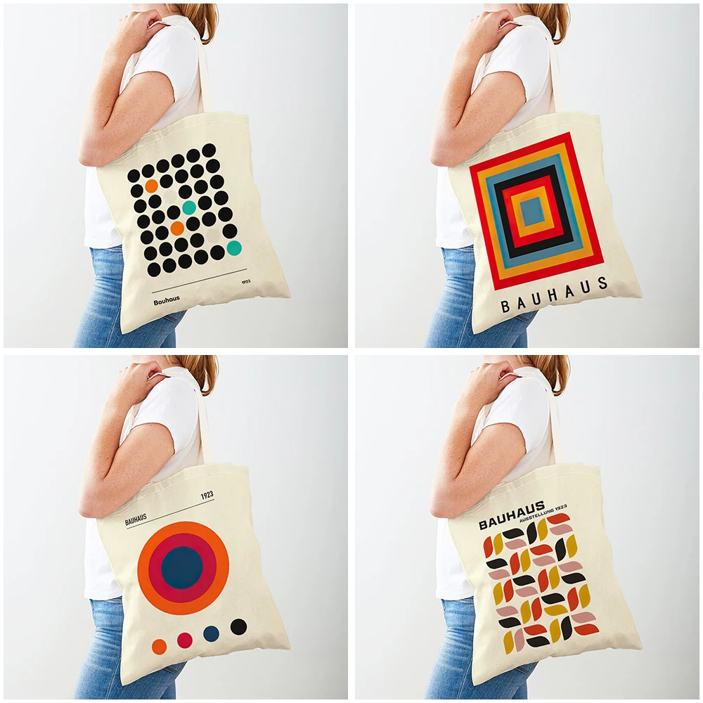 Bauhaus Geometric Canvas Tote Bag Abstract Color Block Art Print Reusable Eco‑Friendly Women Casual Shoulder Shopping Handbag