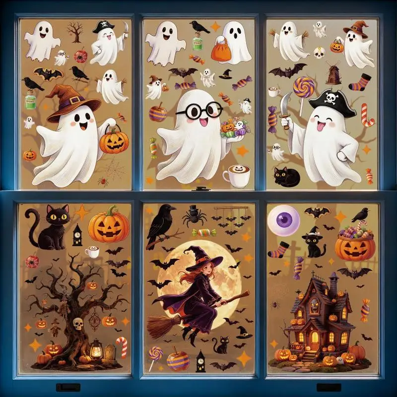 Halloween Window Static Clings 1/2/4/6/8 Sheets Removable Glue-Free Static Stickers for Party Home Decor
