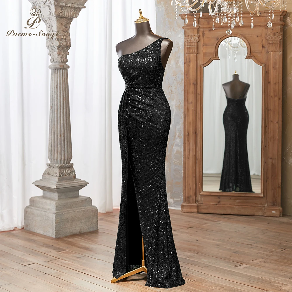 Elegant Black Sequin Evening Dress with One-Shoulder Design and High Slit vestidos de noche Perfect for Formal Events