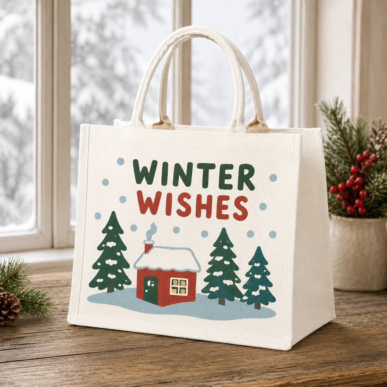 Personalized Canvas Tote Bag Snowman Pine Forest Custom Text Name Logo Large Shopping Handbag For Girls Boys Winter Celebrations
