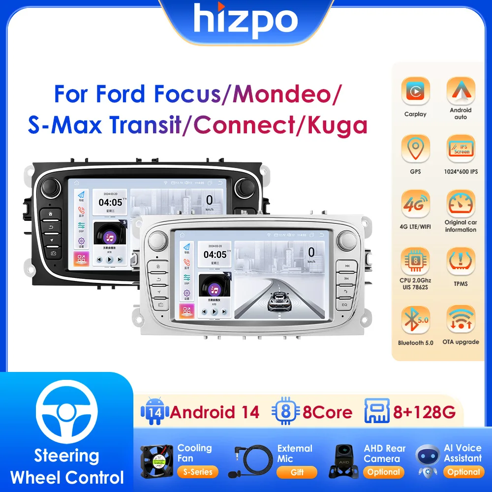 2DIN 7“ Carplay Android Auto For Ford Focus Mondeo C-MAX/ S-Max Galaxy Transit Connect Kuga Car Radio GPS DSP WIFI 4G-LTE