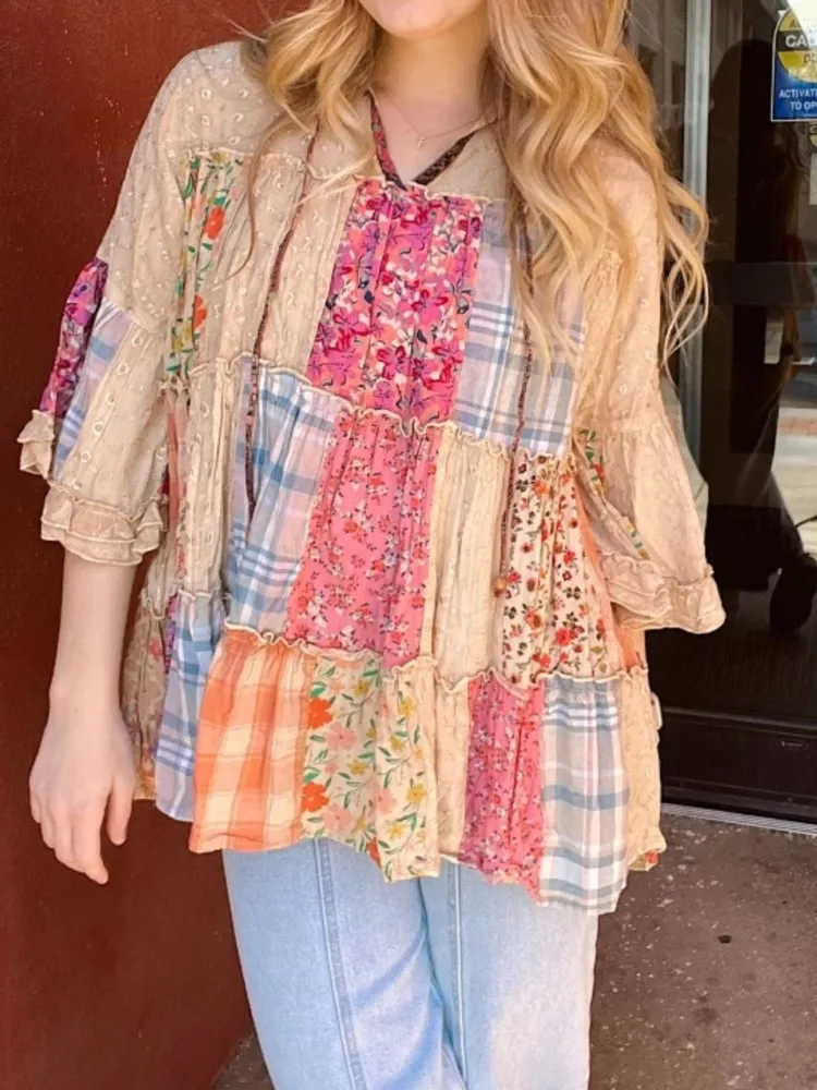 

Vintage Print Shirt Lady Fashion Three Quarter V Neck Pullover Loose Shirts Tops For Women Casual Holiday Womens Clothing Spring