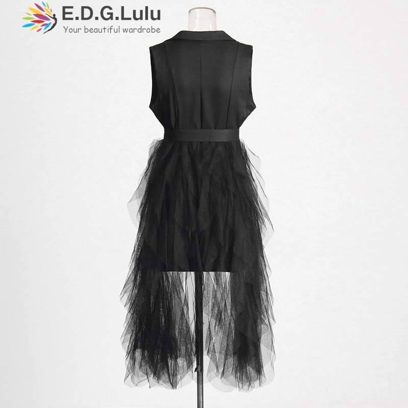 EDGLuLu Turn-Down Collar Sleeveless White Dresses 2025 Woman Design Splicing Mesh Asymmetrical Dress+Belt 1004
