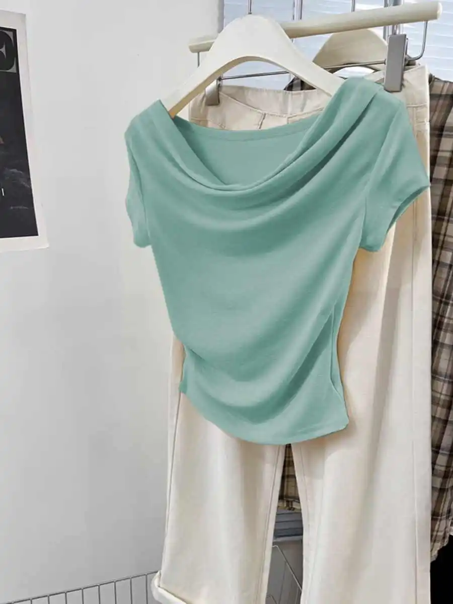 Mode Sommer Frauen T-shirt Einfarbig Weiche Kurzarm Schaukel Kragen Tops Koreanische Sexy Plissee Mädchen Slim Fit Tees