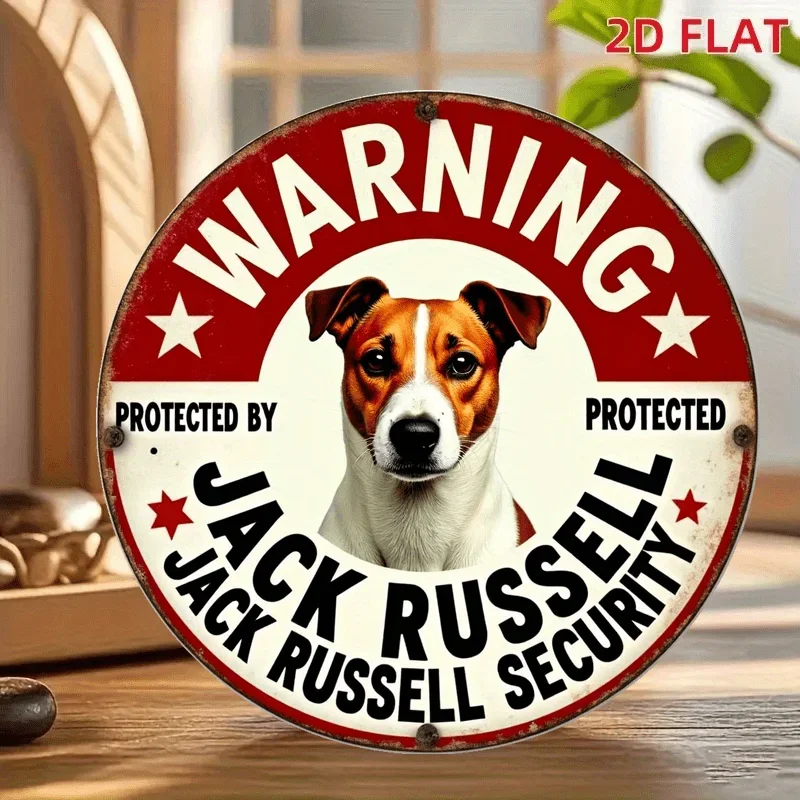 2D Flat, 2D Flat Retro Aluminum Warning Sign - 20.32x20.32cm Round Jack Russell Terrier Safety Sign, Weatherproof Metal Wall Dec