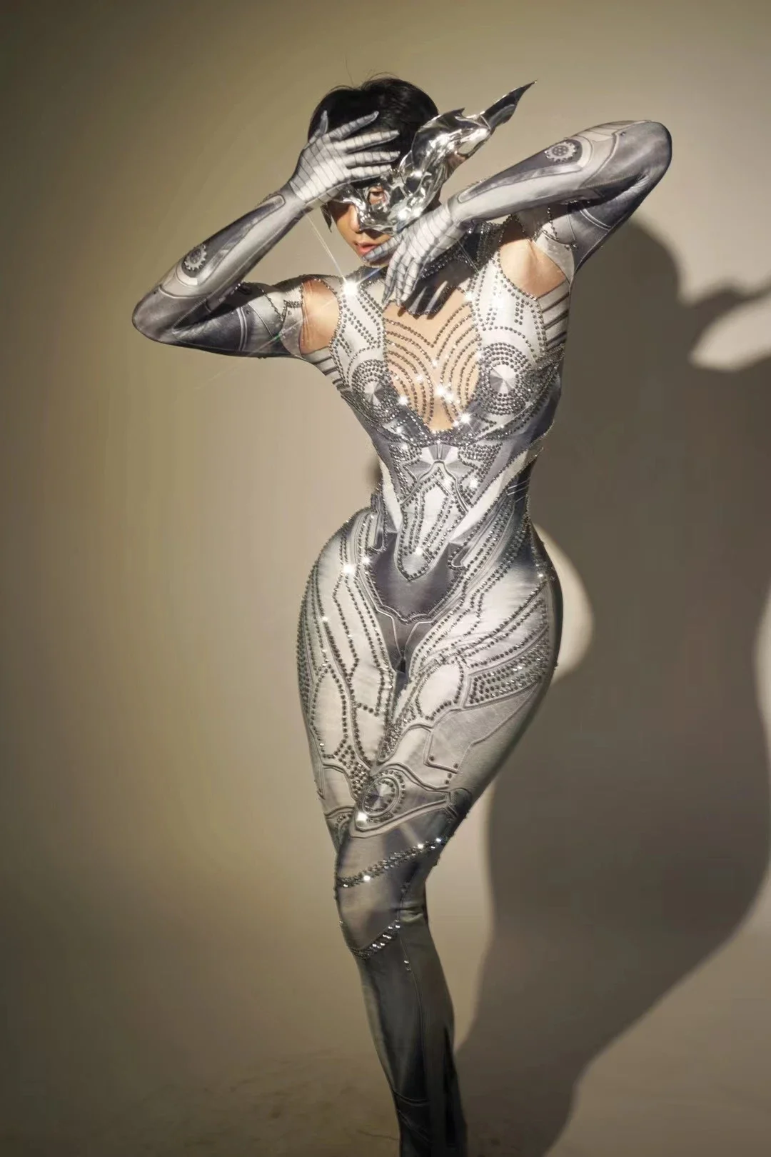 Future Iron Warrior Costume Cosplay Halloween Carnival Party Sparkly Silver strass tuta guanti per le donne Gangtie