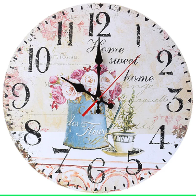 Home 12 Inch Silent Vintage Wooden Round Wall Clock Arabic Numerals Vintage Rustic Chic Decor Mechanic Wall Clock Living Room