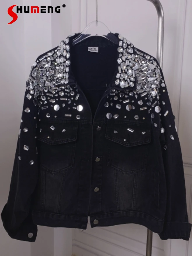 Mode Damen Herbst neue trend ige funkelnde Diamant Perlen Pailletten schwarze Jeans jacke Damen High Street Diamond Denim Top