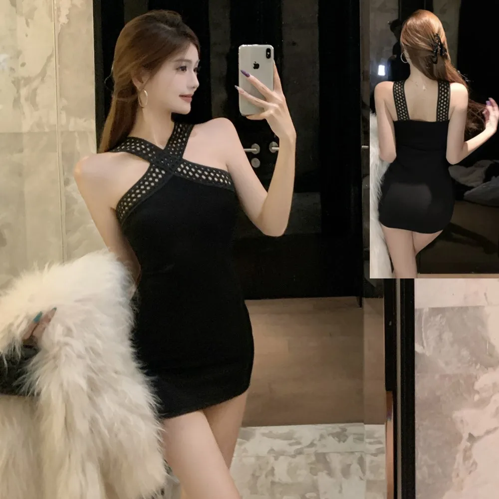 Sukienka na imprezę wiosna-lato 2026, seksowna sukienka mini z odkrytymi plecami, wiązana na szyi, obcisła, krótka, czarna sukienka damska z efektem odsłoniętych pośladków.