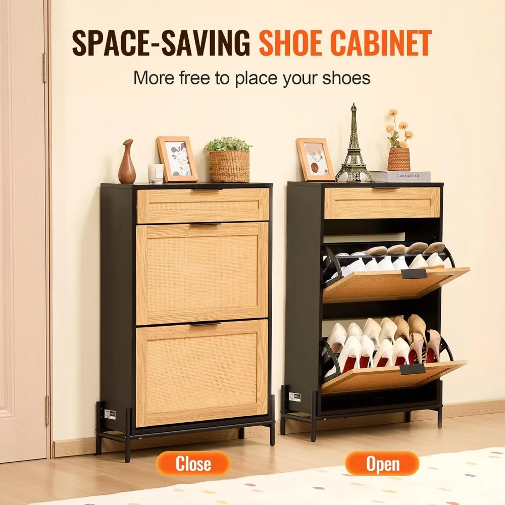 Rangement de chaussures étroit avec 2 égouts de proximité en rotin, 1 meuble coulissant, pieds en métal, armoire d'entrée de chaussures mince, idéal