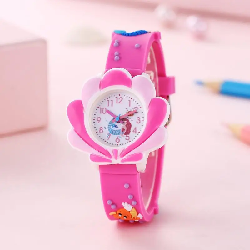 Children's Cartoon Mermaid Shell Watch Girls Cute 3d Pattern PVC Soft Glue Skin-friendly Children's Learning Table Quartz Watch