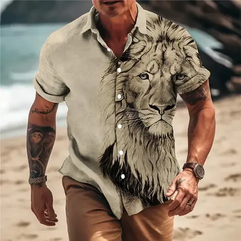 2024 New Summer Hawaiian Shirts For Men 3d Animal Lion Print Blouse Womens Clothes Wolf Pattern Short Sleeve Oversized y2k Tops
