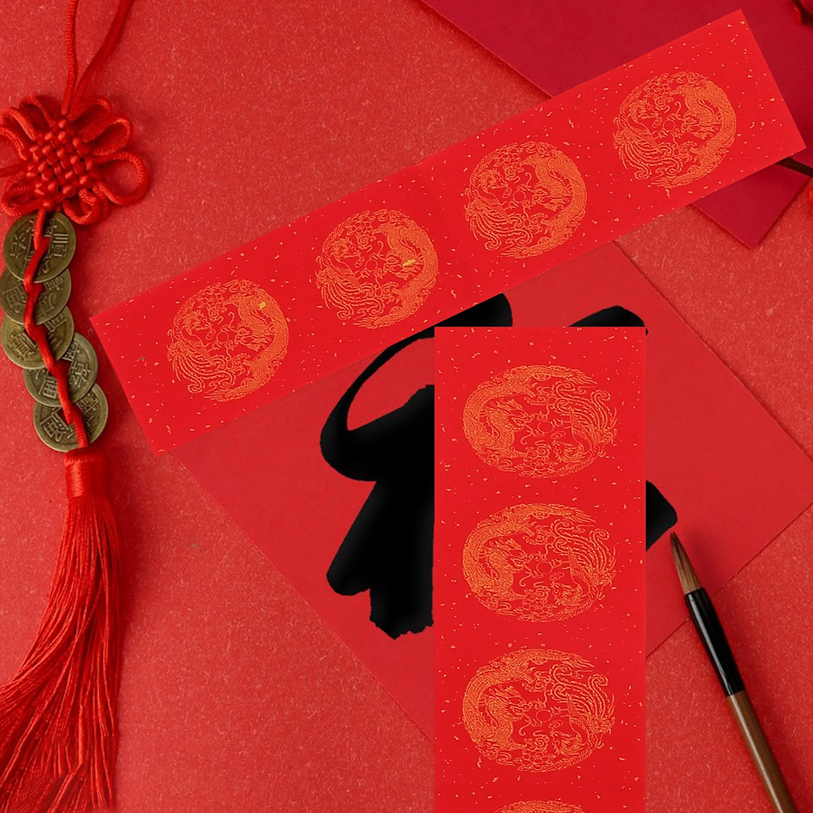 

5Sets Chinese Calligraphy Red Paper Spring Festival Writing Sheets for Home Holiday Wishes Portable Character Practice Paper