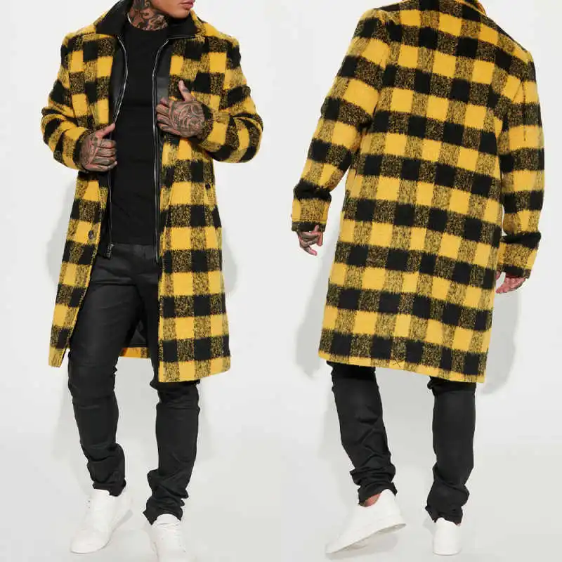 

Elegant Men Grid Overcoat 1 Piece Zipper Coat Autumn Winter Warm Commuter Business Occasion Customized