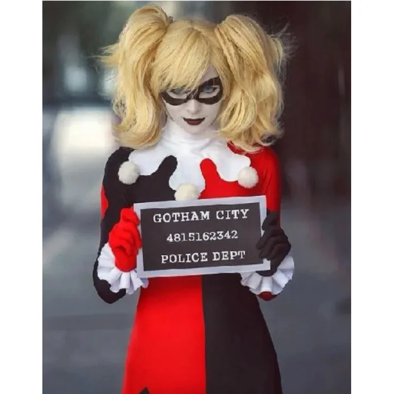 Классический женский костюм Харли Куинн для косплея, длинный золотой волнистый парик с двумя косичками для ролевых игр, костюмы на Хэллоуин для взрослых