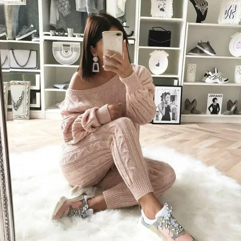 

Plus Size Dropped Shoulder Knit Pants Set Women's Long Sleeve Knitted Casual Two-piece Sweater Long Sleeve Top Thick Sweaters