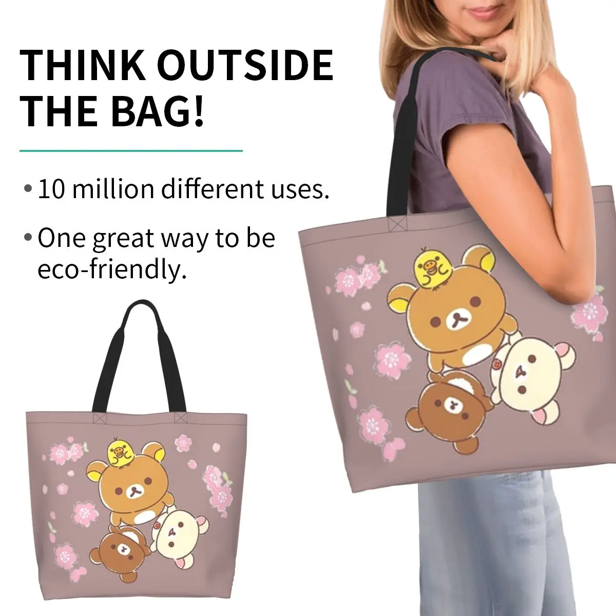 Rilakkuma Sakura Shopping Tote Bag Canvas Large Capacity Shoulder Bags Shopper Grocery Handbag for Women