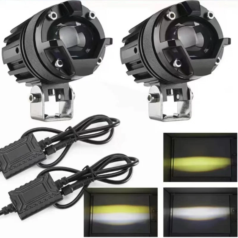 

New 50W Motorcycle LED Dual Color Lens Headlight High Power External Auxiliary High Low Beam Spotlight Road Light