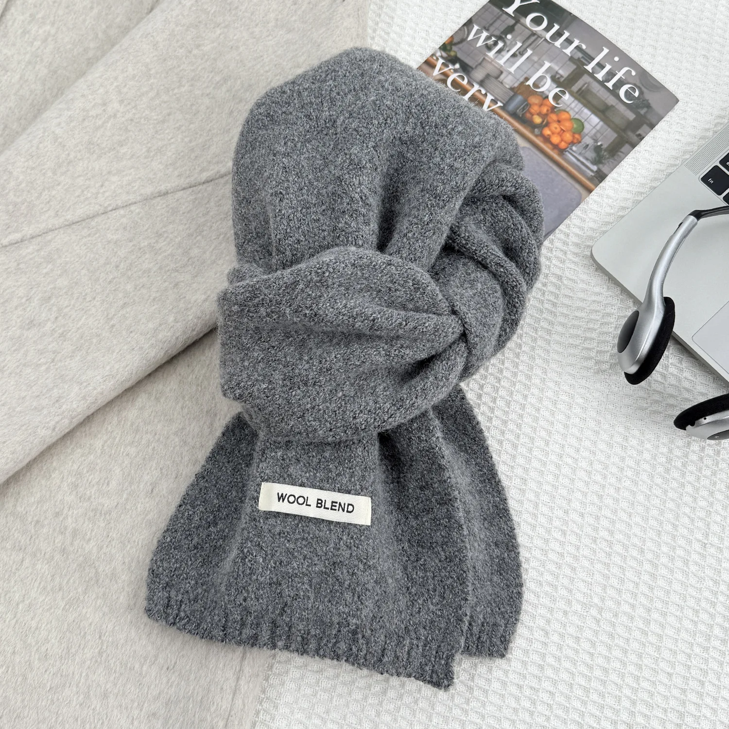 وشاح منسوج من الصوف للجنسين بلون سادة وسميك ودافئ للشتاء لتدفئة الرقبة جمالي جديد للنساء والرجال