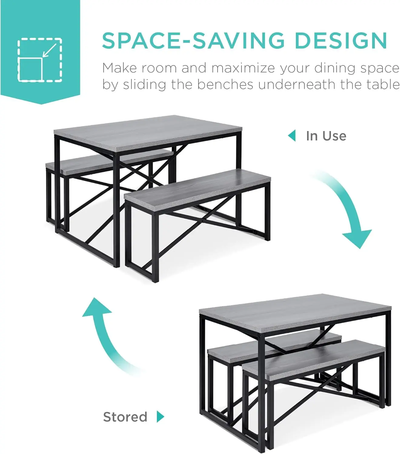 Juego de muebles de comedor estilo Banco, comedor con 2 bancos, ahorro de espacio para 4 personas, cocina, 45, 5 pulgadas, 3 piezas