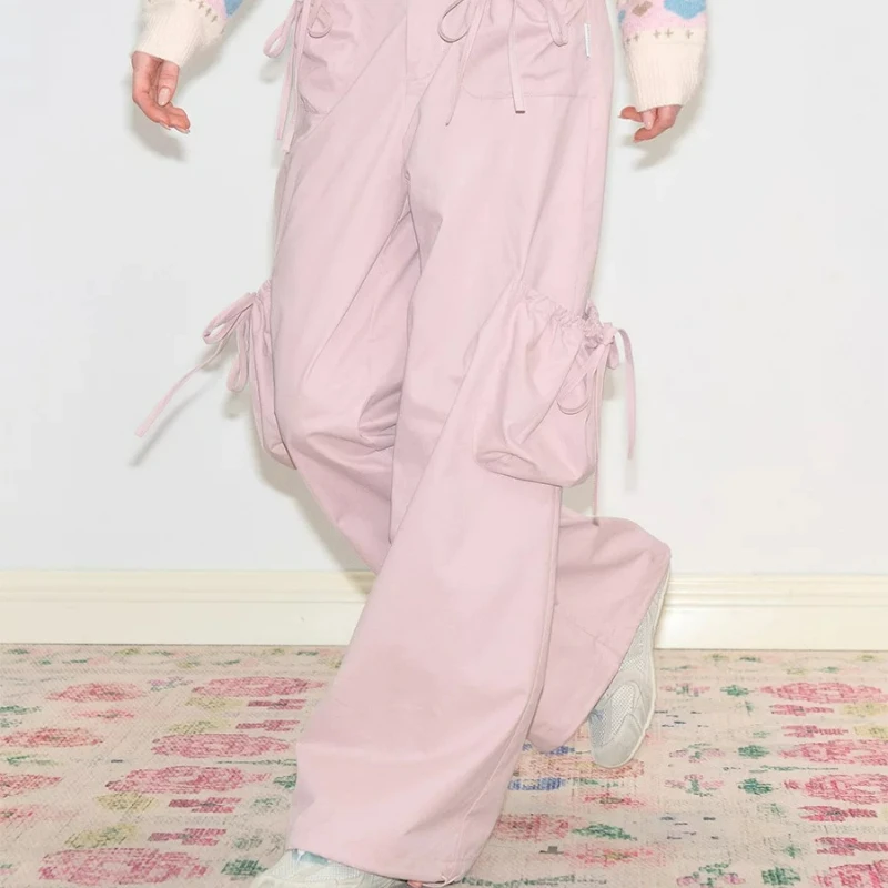 Women Pink Multi Pocket Cargo Wide Leg Pants Y2K Lace Up Bow Drawstring Baggy Trousers Sweet High Waist Casual Streetwear Pants