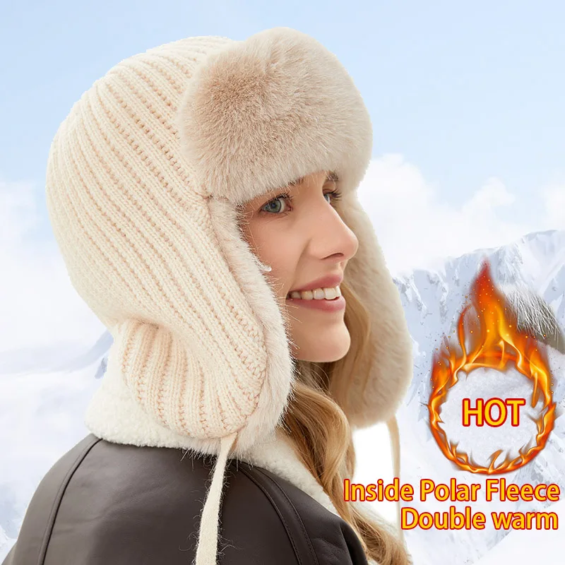 Women's Winter Hat With Earflaps New Ushanka 2024 Autumn Warm Russian Faux Fur Hats Women Plush Knitted Bomber Cap Luxury White