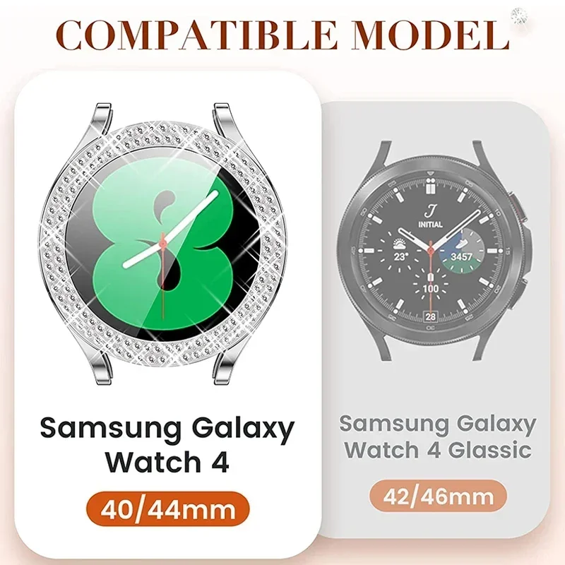 Case for Samsung Galaxy Watch 7 6 5 4 40mm 44mm Protective Case Plastic hard Bumper row diamond encrusted shiny cover no glass
