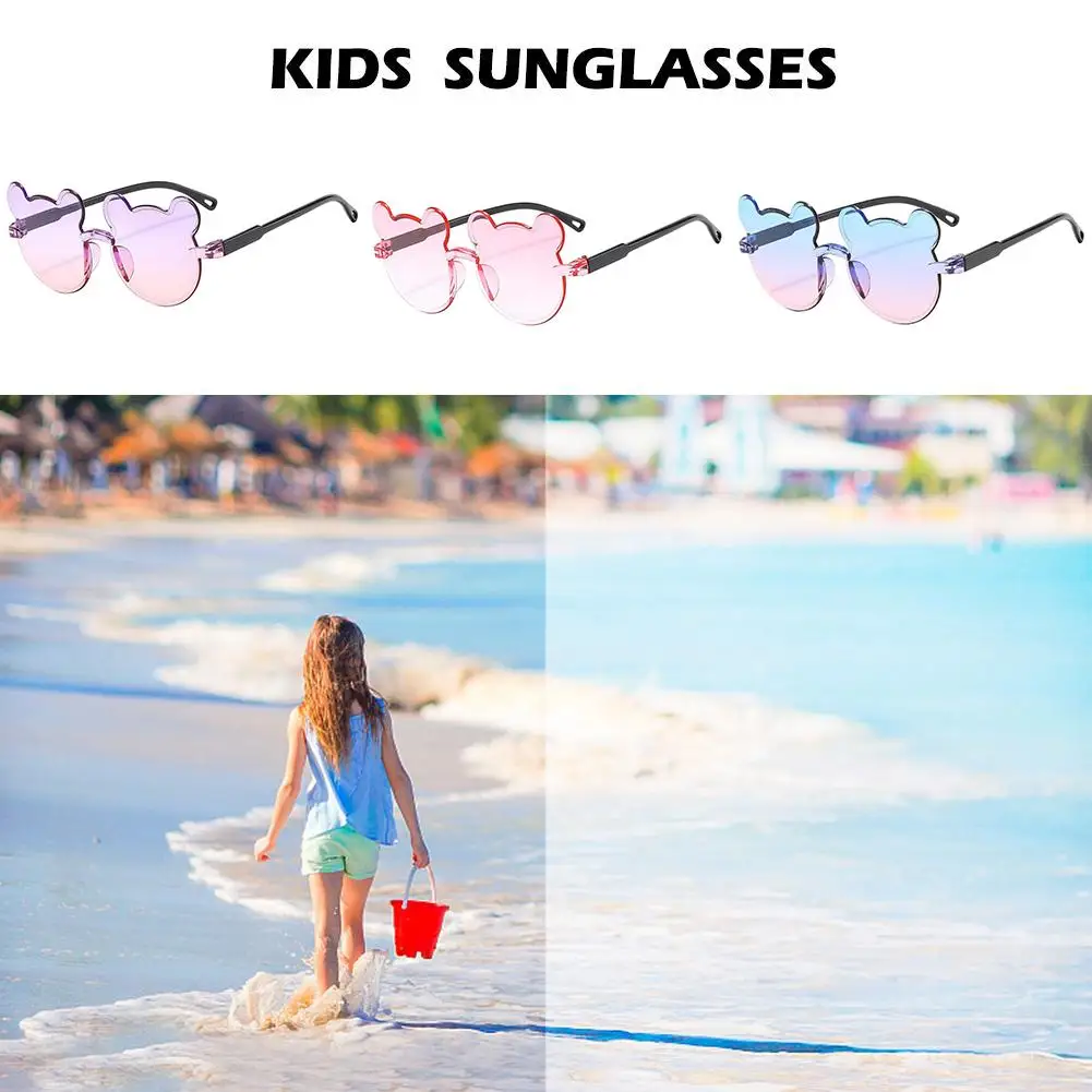 Children Sunglasses Spring Summer Cute Rimless Bear Protection UV Sunshade Bear Mirror Outdoor Travel Siamese Frame Cartoon J4S9