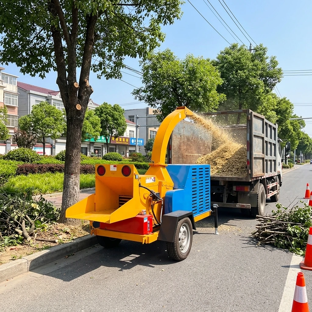 Mobile diesel-powered wood shredder trailer-type hydraulic feeder and safety light for municipal landscaping
