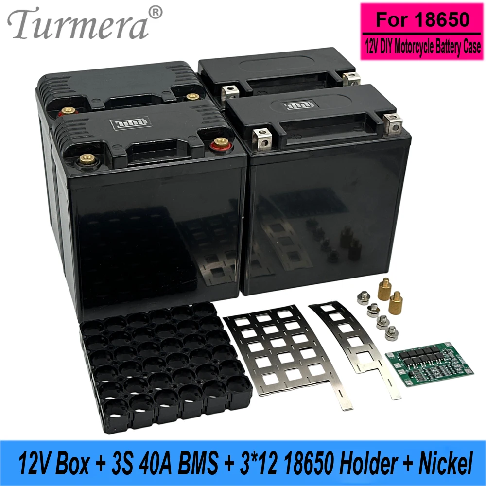 Turmera 12V 20Ah to 42Ah Motorcycle Battery Storage Empty Box 3X12 18650 Holder 3S 40A BMS Weld Nickel for Replace 12V Lead-Acid