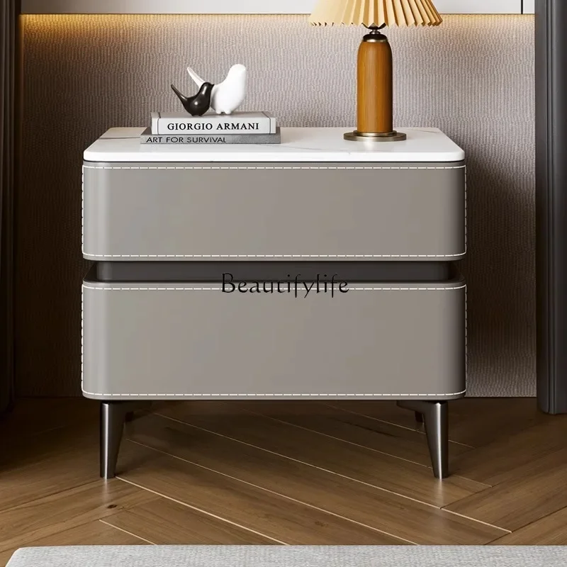 

Saddle leather master bedroom light luxury matte rock slab high-end storage cabinet Italian minimalist