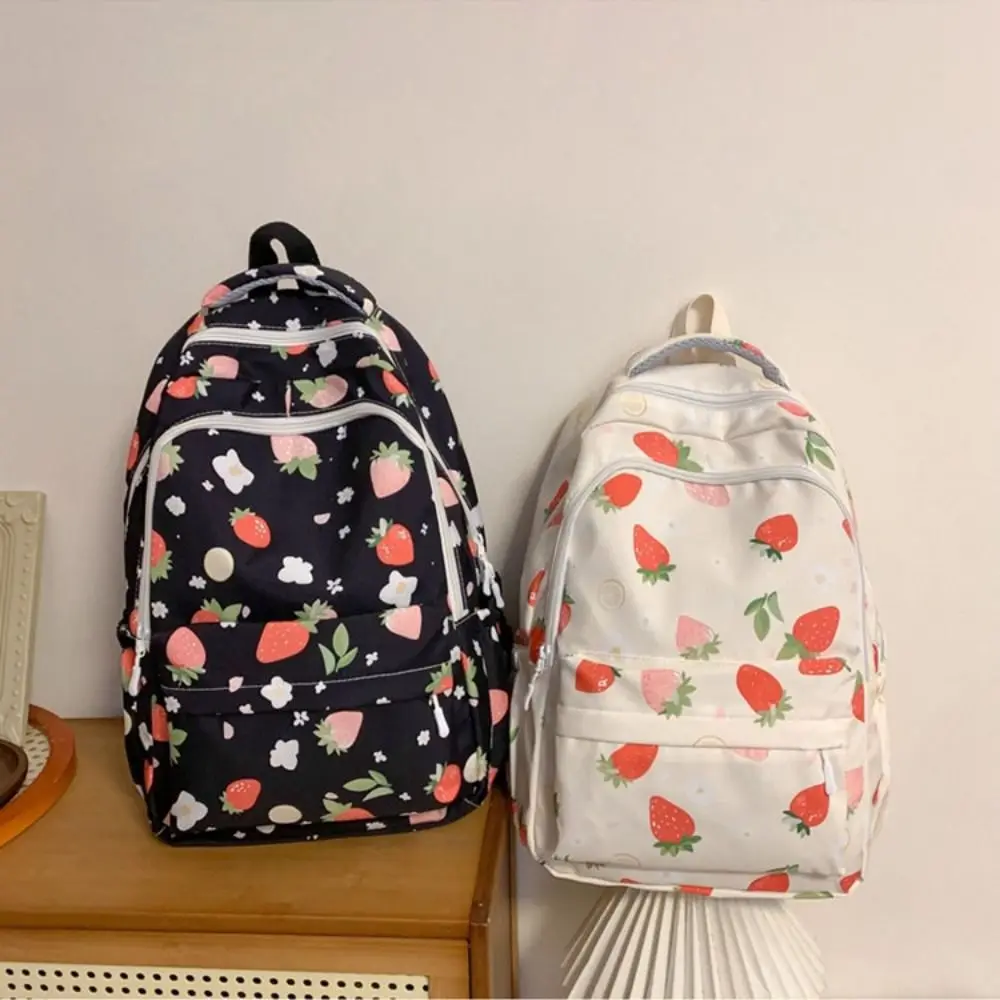 Large Capacity Strawberry Printed Backpack Adjustable Strap Korean Style Students Knapsack Harajuku Multi Pocket School Bag